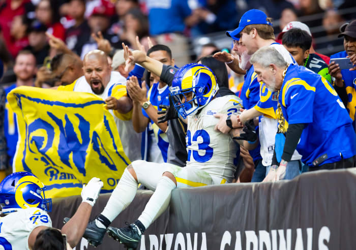 Rams running back Kyren Williams celebrated one of his scores with fans who made the trip to Arizona.